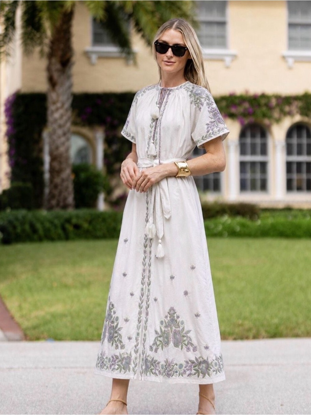 New NWT Julia Amory x AERIN Dress Embroidered Floral Caftan Tunic Midi Dress - Picture 5 of 13